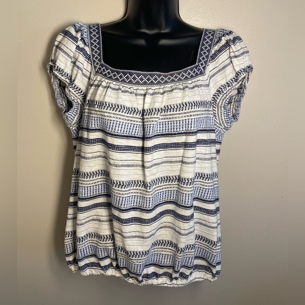 Max Studio Navy and White Patterned Cotton Blouse Embroidered Sz Medium
